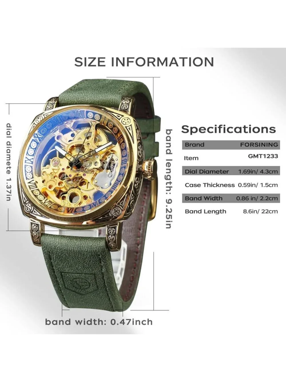 Mens Army Green Square Mechanical Leather Strap Self-Wind Carved Automatic Watch